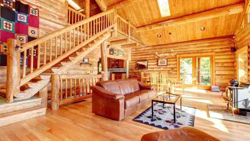 Open floor plan in cozy log cabin