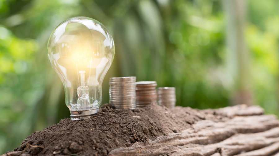 Light bulb represents electricity next to money