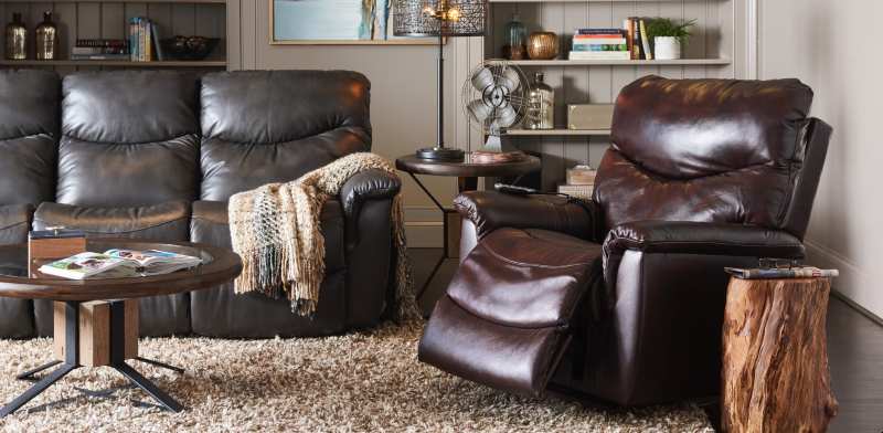 A brown, leather recliner in the living room 