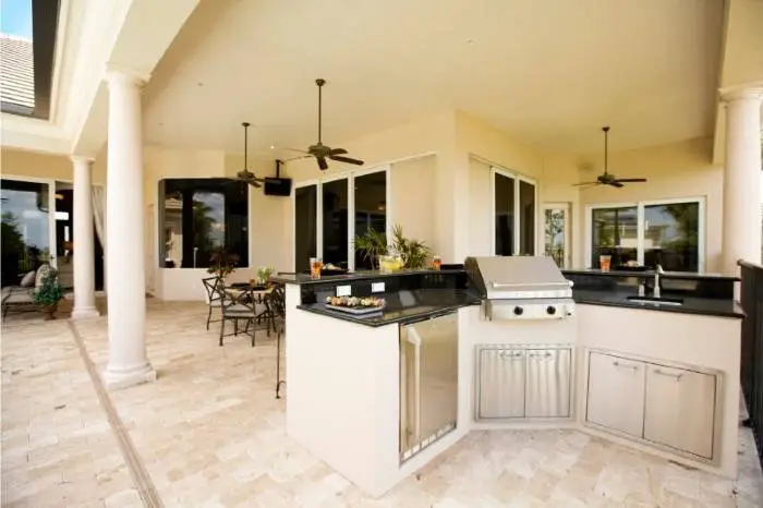 3 modern looking outdoor ceiling fans installed in a yard kitchen 