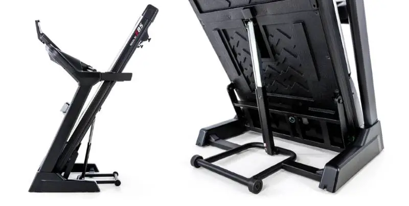 Sole F85 treadmill in fodled position, shown from two angles